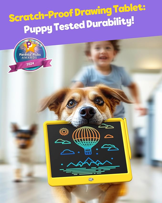 TEKFUN LCD Writing Tablet Doodle Board, 12inch Colorful Drawing Tablet Writing Pad, Kids Travel Essentials, Toddler Toys 6 7 8 Year Old Girls Boys (Yellow)