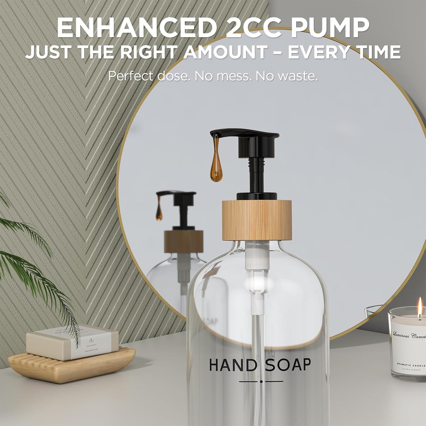 Hand and Dish Soap Dispenser Set,16oz Glass Bottles with Printed Labels, Bamboo Tray & Pump,Countertop Soap Dispensers for Kitchen,Luxury, Minimalist & Farmhouse Decor (Hand Dish (Transparent))