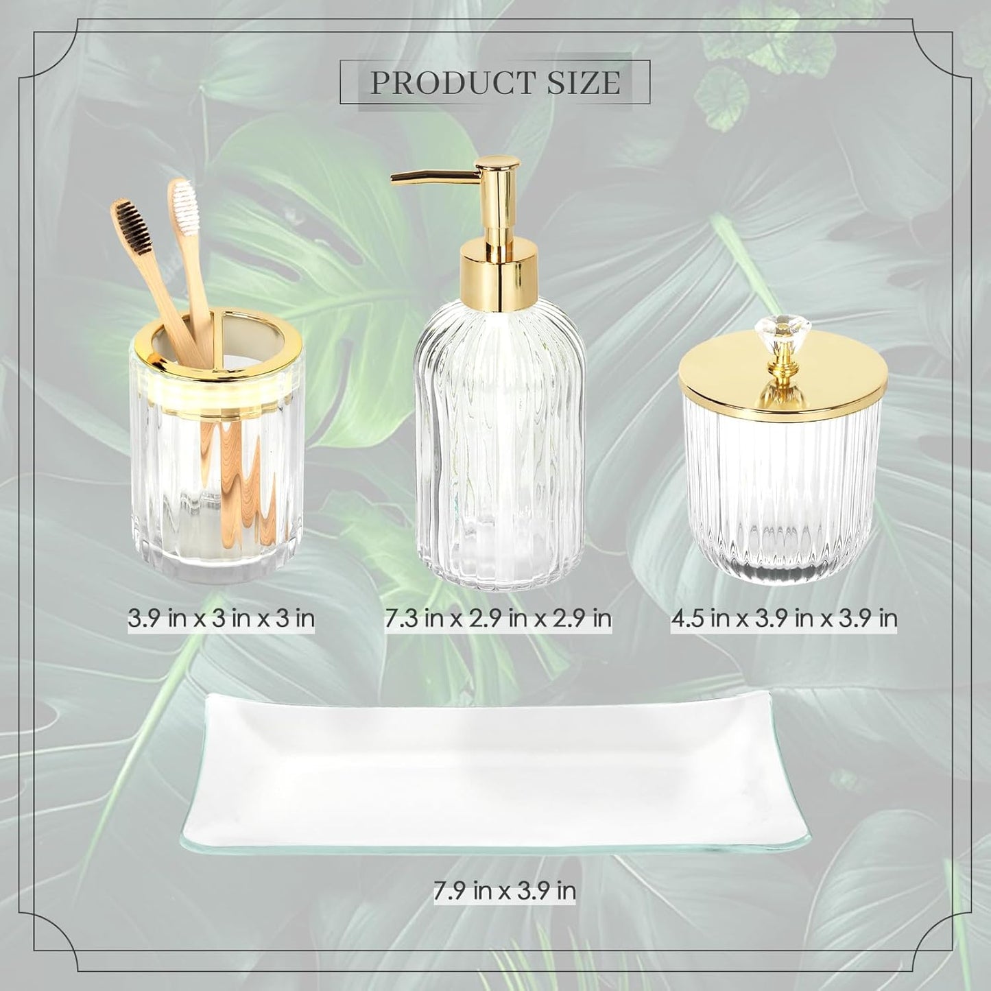 Designer Clear Glass Bathroom Accessories Sets - 4 Pcs with Lotion Soap Dispenser, Bathroom Toothbrush Holder, Vanity Tray, and Apothecary Jar, Vintage Bathroom Decor, Gift Countertop Organizer