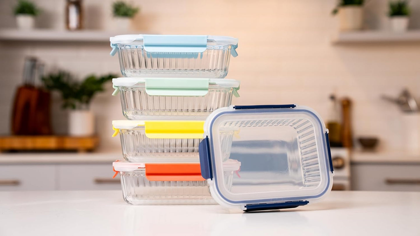 5-Pack 36 oz Sculpted Glass Food Storage Containers with Lids - Borosilicate Glass Meal Prep Container - Airtight, Leak-Proof Food Prep Containers, Microwave, Freezer, Oven Safe & BPA Free