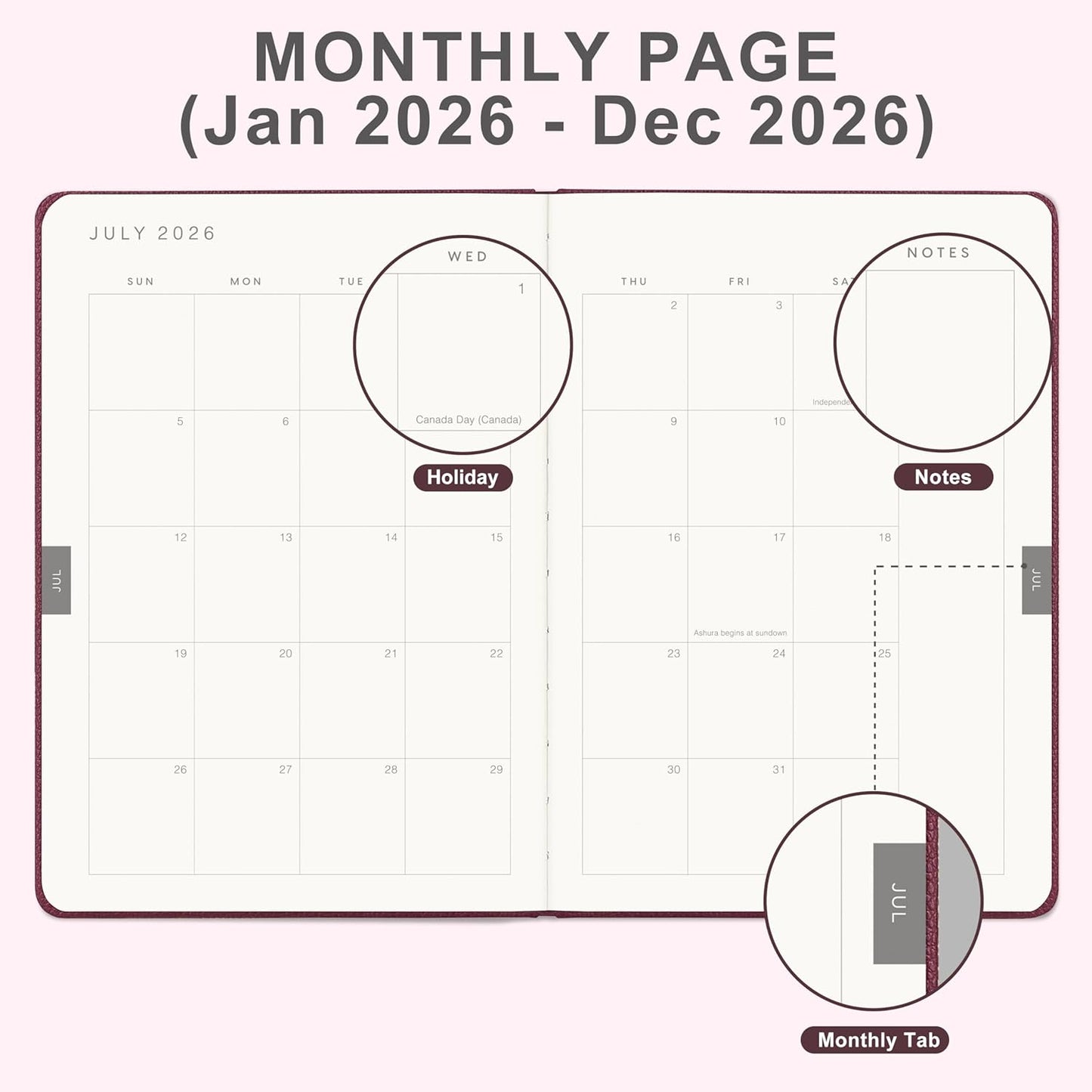 And Per Se 2026 Planner-Daily, Weekly & Monthly Leather Hardcover Planner, 5.7" x 8", Daily Schedule, Monthly Tabs, 100 GSM Thick Paper, Back Pocket(Dark Red)