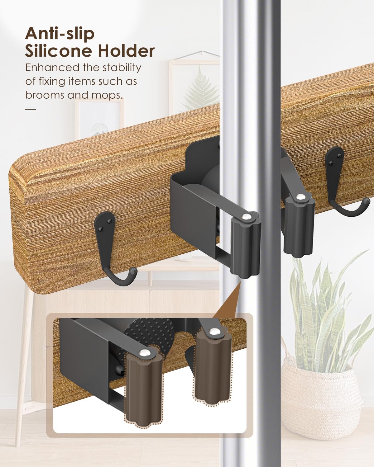 AceMining Broom Holder Wall Mounted, 2 Pack 4 Holders and 4 Hooks Mop Holder, Wooden Mop and Broom Holder with Anti slip rubber, Natural pine wood Brush Holder, Mop Wall Holde with Nail installation