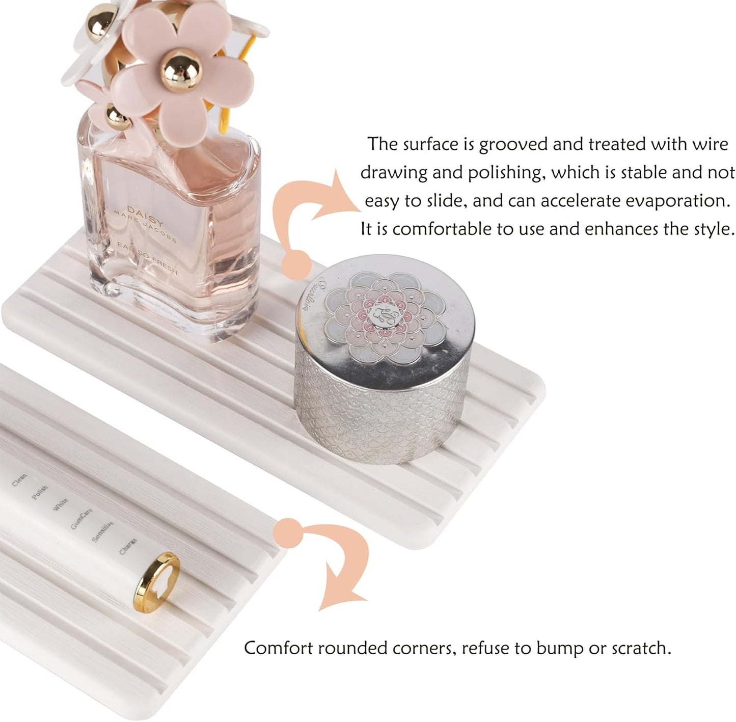 2 PCS Water Absorbent Diatomite Coasters Rectangle, Grooved Design, Water Absorbing Stone Used for Hand Soaps & Plants & toiletries in The Modern Home