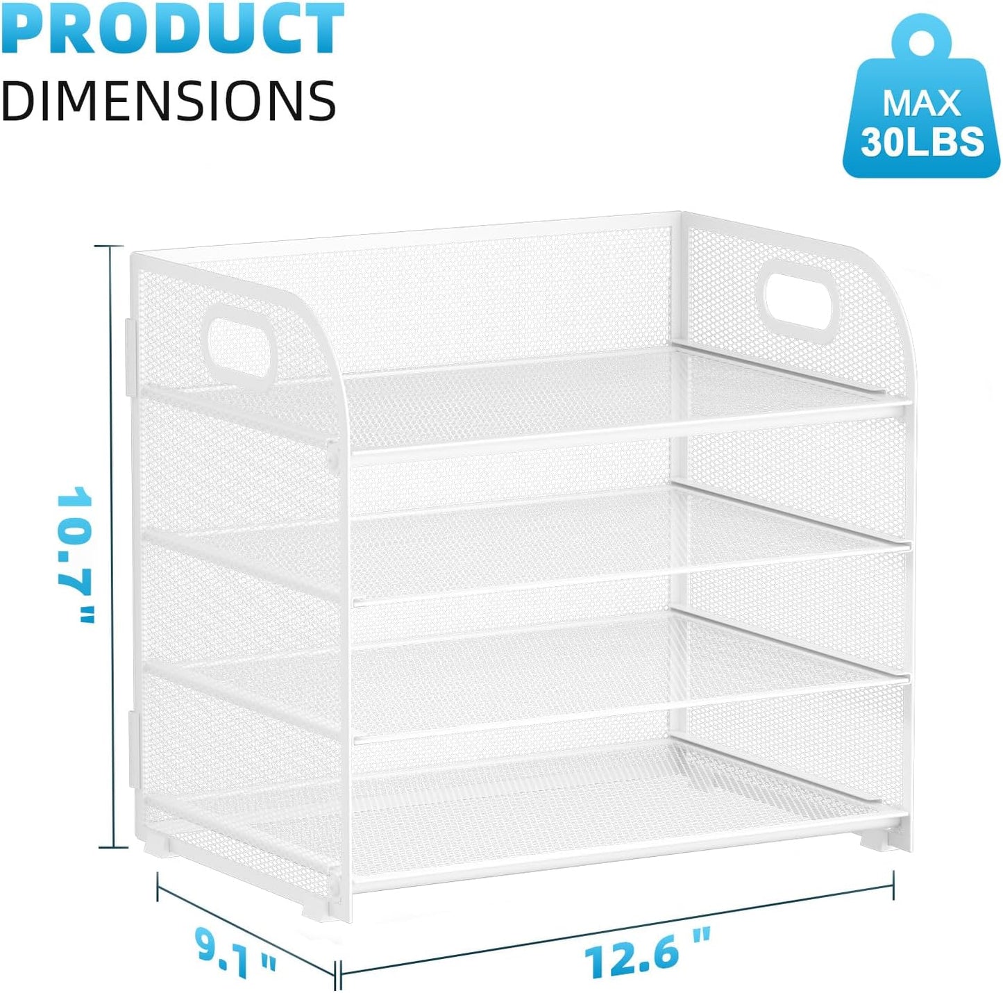Marbrasse 4 Tier Paper Organizer Letter Tray, Mesh Desk File Organizer with Handle, Paper Sorter Organizer for Letter /A4 Office File Folder Holder（White, 12.6" x 9.1" x 10.7"）
