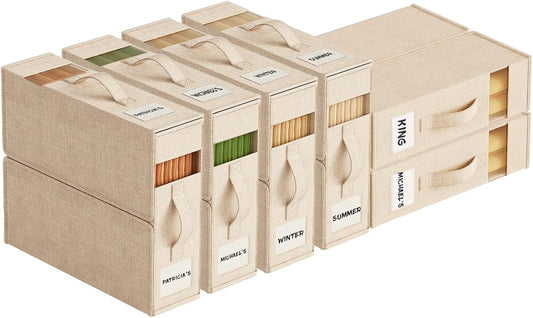 Sheet Organizers and Storage with Handles – Foldable Linen Closet Storage for King & Queen Sheet Sets – Clear Window & Removable Labels – Dustproof & Space-Saving Design, 6 Pack, Beige