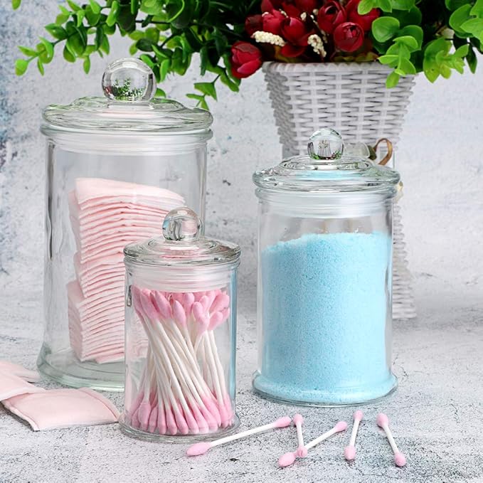 MDLUU Glass Canisters, Apothecary Jars with Airtight Lids, Bathroom Vanity Storage Organizer Containers for Qtip Cotton Swabs, Cotton Balls, Flossers, Bath Salt, Hair Tie, Set of 3