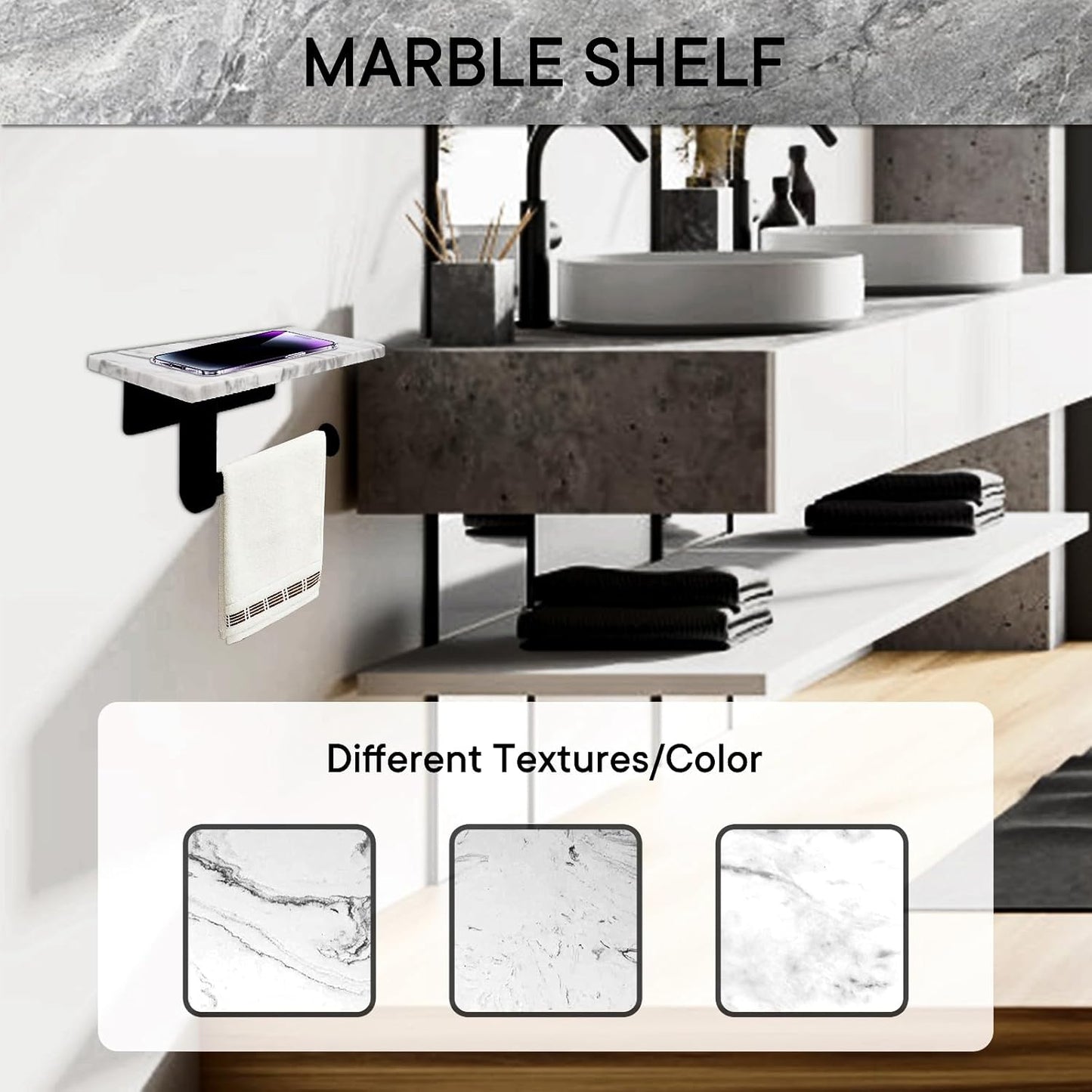 Toilet Paper Holder with Natural Marble Shelf for Bathroom Washroom,Wall Mounted Tissue Holder Suitable for Mega Rol(Middle 7.87 * 4.72 in, Matte Black)