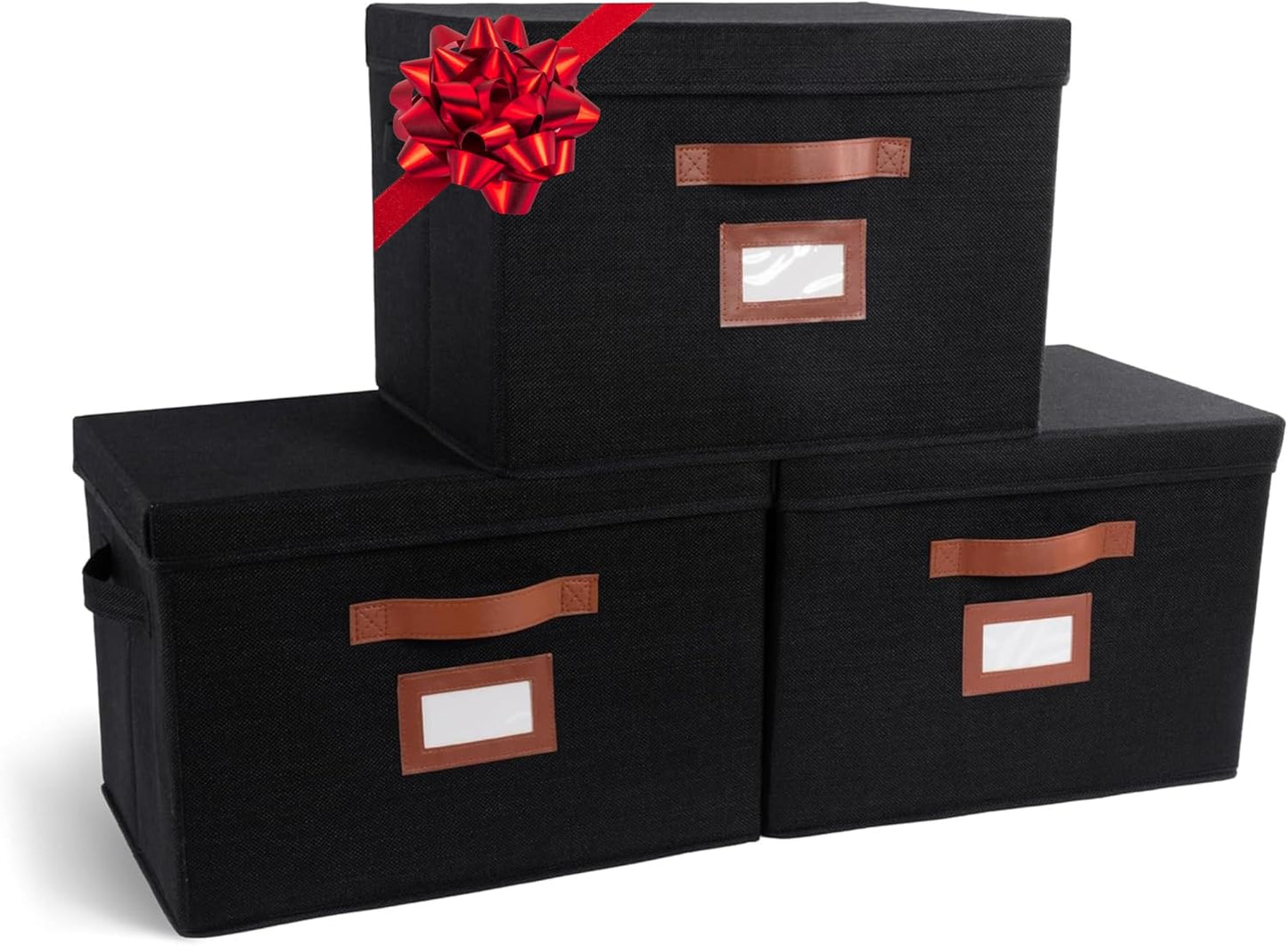 3 Pack Large Fabric Storage Box with Lid - Decorative Bin with Lid, Label Holder, Faux Handles - Large Decorative Storage Boxes with Lids for Organizing Clothes, Blankets - Black