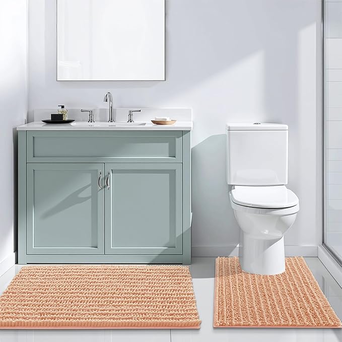 Arotive Luxury Chenille Bathroom Rug Mat, Extra Soft Thick Absorbent Shaggy Bath Rugs, Non-Slip Machine Wash Dry, Plush Bath Mats for Bathroom, Shower and Tub, 47x24, Peach