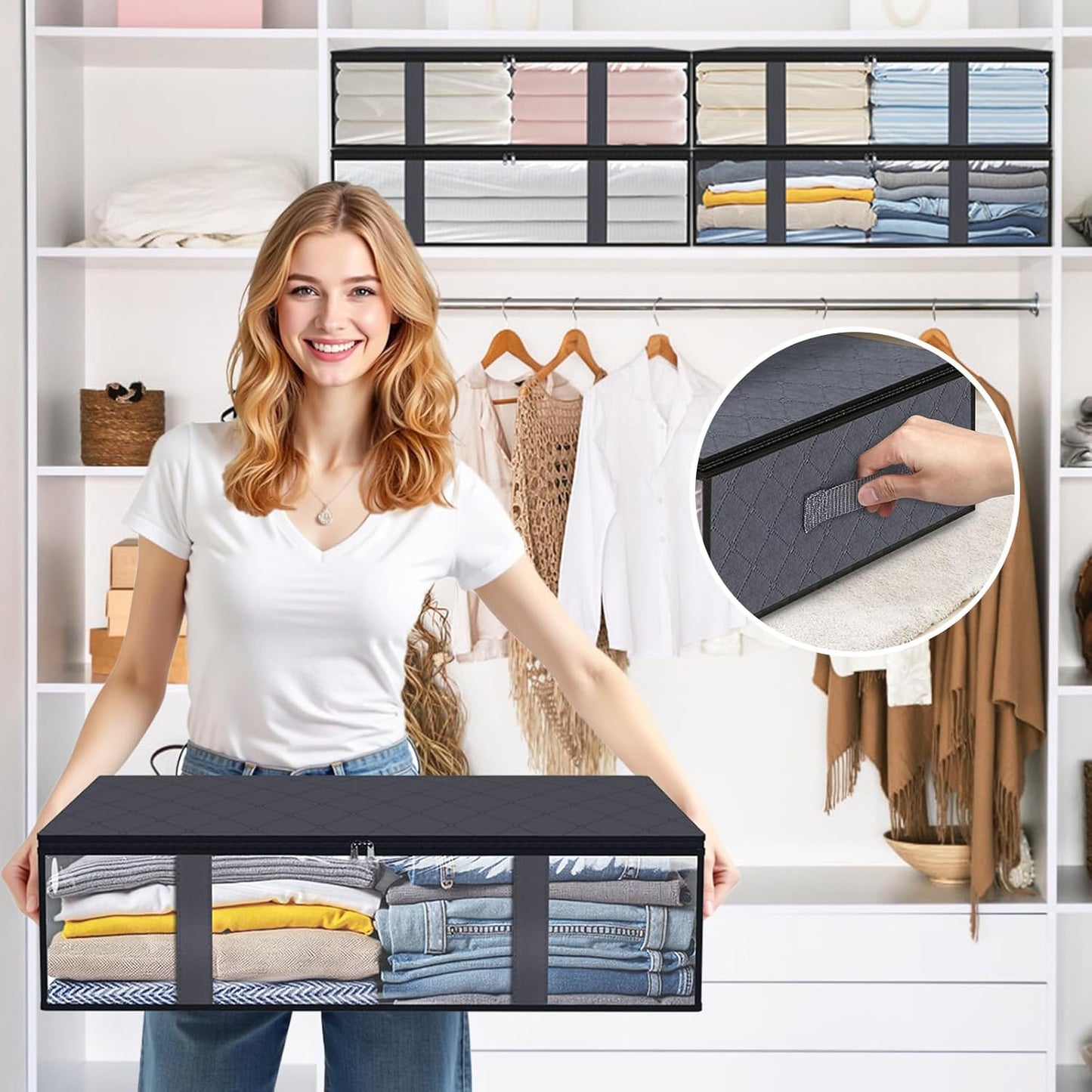 StorageRight Under Bed Storage Bins, 10-Pack 40L Foldable Fabric Storage Bags with Transparent Window, Breathable Organizer for Clothes/Blanket/Comforter/Quilt, Grey