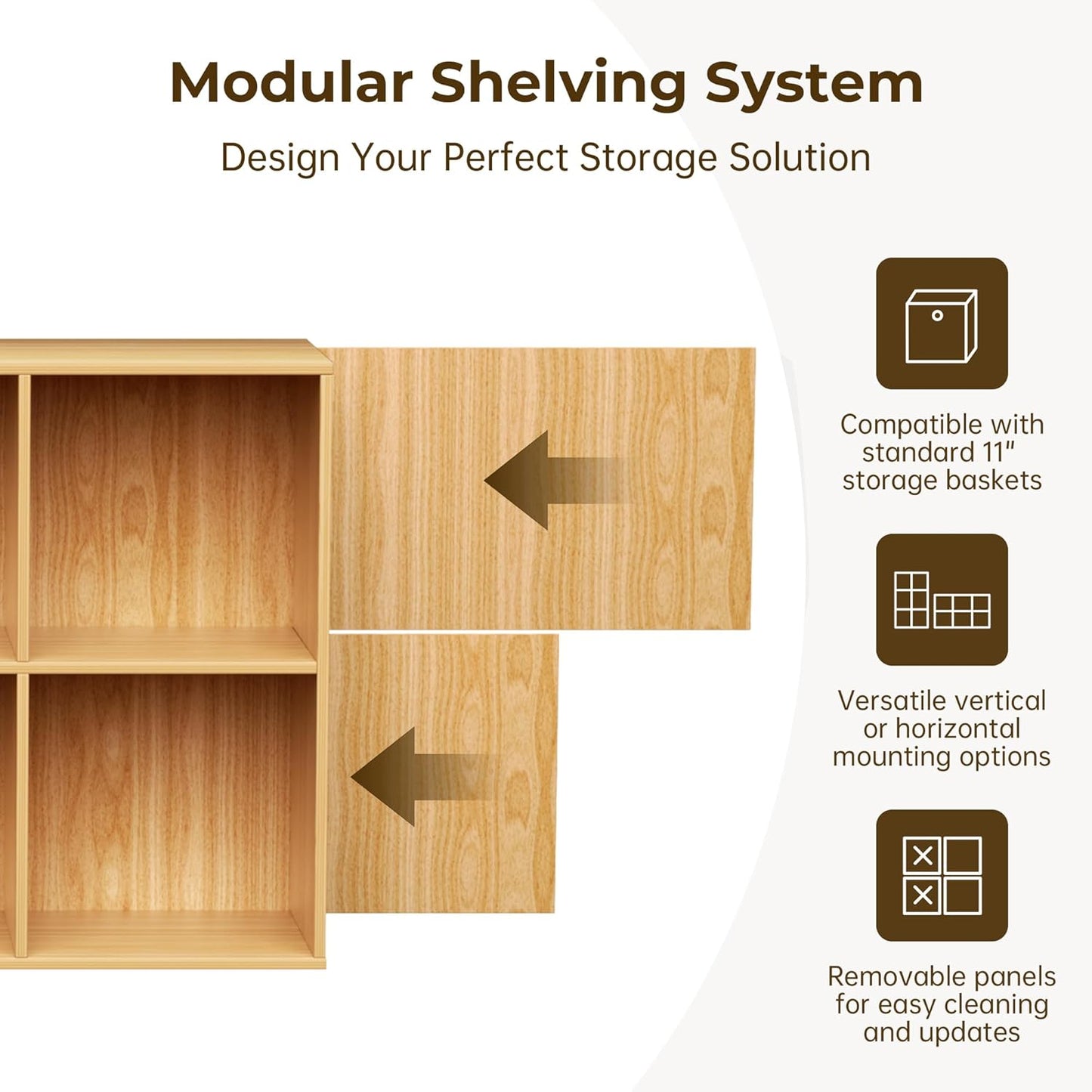 Cube Storage Organizer with Back Panel, 11" x 11" Cubby Shelf, Bookshelf for Home Office, Living Room, Bedroom (Natural, 8-Cube)