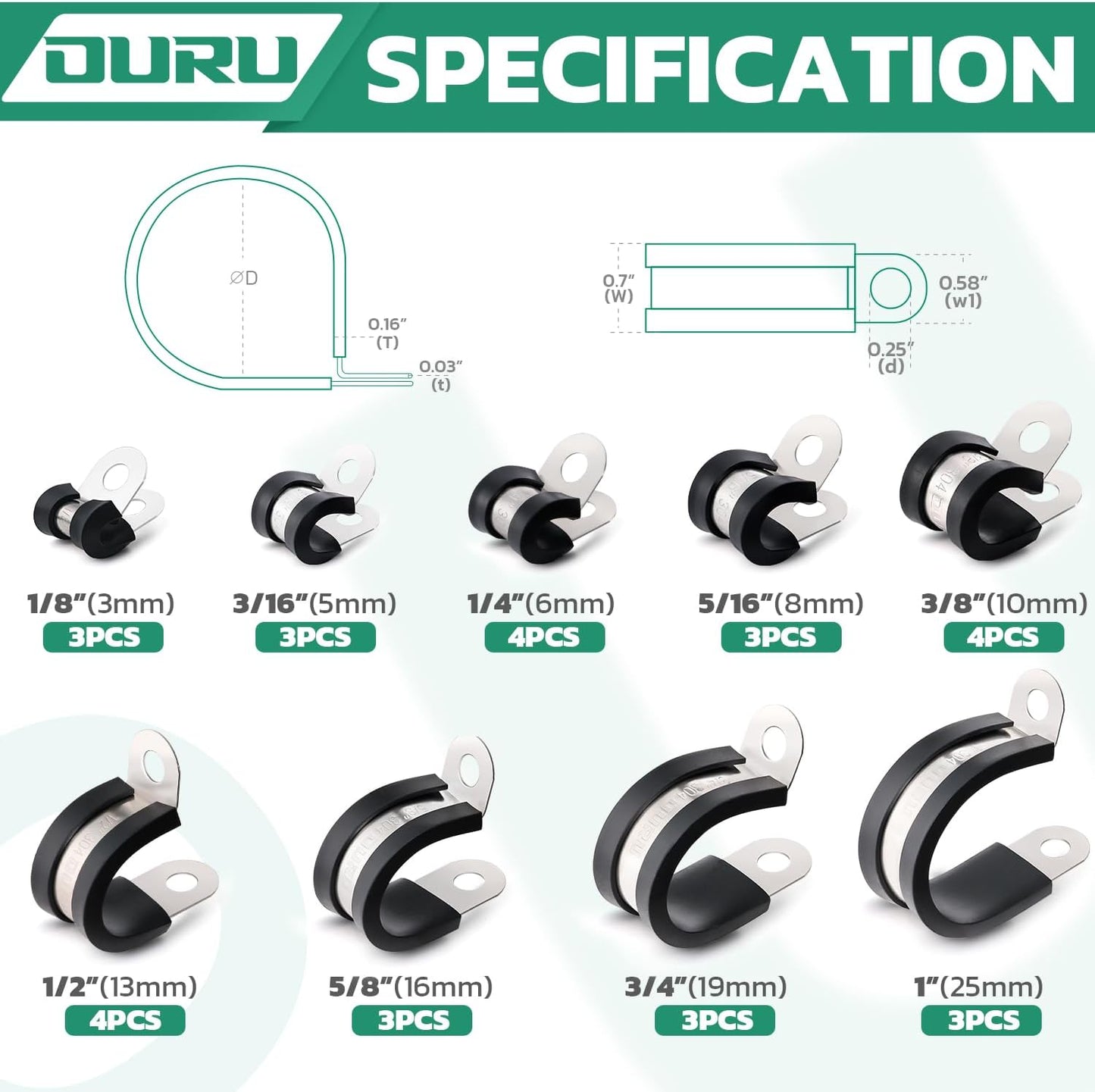 30PCS Stainless Steel Cable Clamps 9 Sizes—1/8" 3/16" 1/4" 5/16" 3/8" 1/2" 5/8" 3/4" 1" Rubber Coated Cushioned Insulated Cable Clamp,Automotive Cable Wire Clamps,Pipe Clamps(Black)