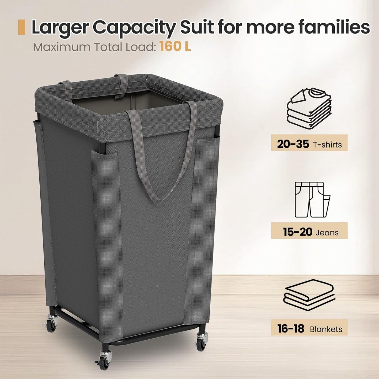 Laundry Basket with Wheels, Large Laundry Hamper with Removable Bag and Steel Frame, 160L Rolling Dirty Clothes Basket for Bedroom, Bathroom, Laundry Room (Gray)