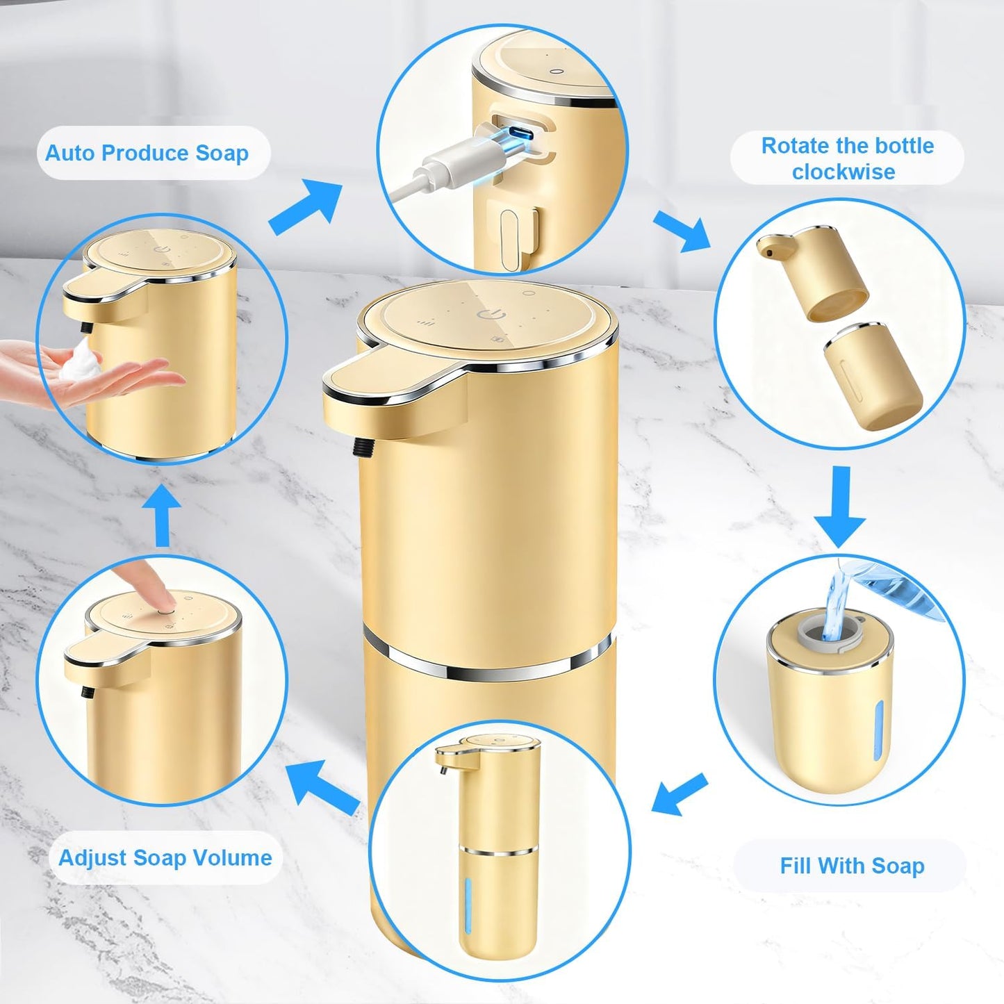 Automatic Foaming Soap Dispenser - Hand Free Pump Touchless Soap Dispenser USB Rechargeable Dispenser with 380ml, 4levels Adjustable Dispenser for Bathroom Kitchen