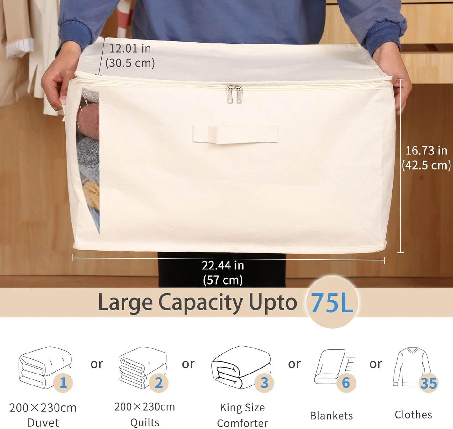 Canvas Comforters Bags Closet Organizers and Storage for Quilts Clothes Organization Containers Bins with Sturdy Zipper, Clear Window 75L for Sweaters Blankets Storage Bedroom Collapsible