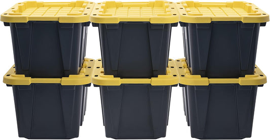 CX BLACK & YELLOW, 12-Gallon Heavy Duty Tough Storage Container & Snap-Tight Lid, (12.51"H x 16.3"W x 21.8"D), Weather-Resistant Design and Stackable Organization Tote [6 Pack]