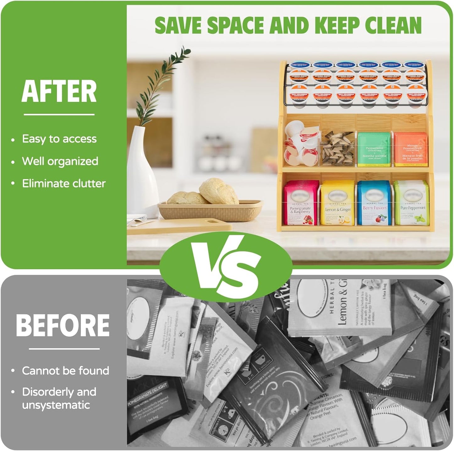 LASZOLA Bamboo Tea Bag and Coffee Holder Organizer for Cabinet Counter Office, 3 Tier Large Capacity Vertical K Cup and Tea Packet Storage Rack, Sturdy Display Stand, Easy Assemble