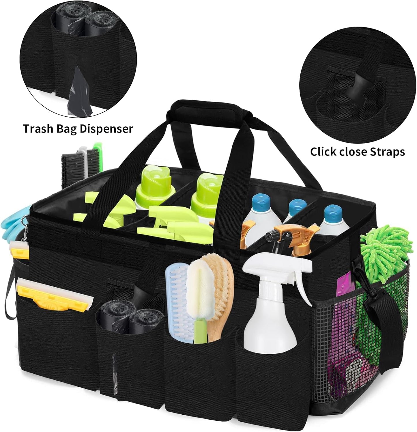 Kovshuiwe Wearable Cleaning Caddy Bag with 4 Foldable Dividers, Cleaning Supply Tote for Cleaning Supplies, Cleaning Organizer with Shoulder Strap and Side Handles for Cleaners