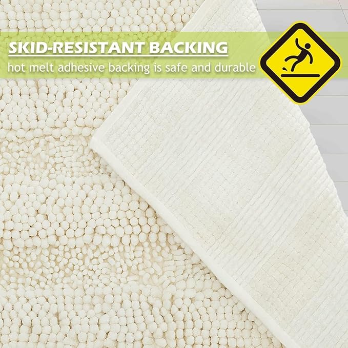 KGORGE Bath Mat for Bathroom - White Super Soft Shower Rug Non-Slip Washable Absorbent Quick Drying Chenile Bathtub Floor Carpet, Cream, 70" x 24", 1 Piece