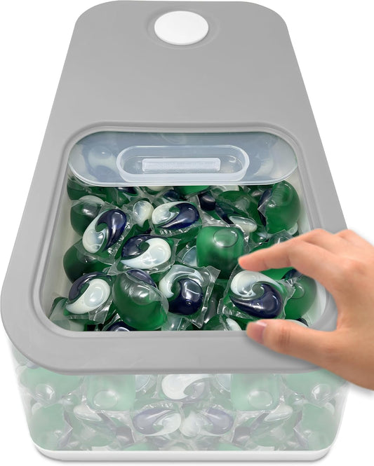 TidyFriend Laundry Pods Container with Slide Lid, 15"x8.7"x4.5", Airtight Storage Keeps Pods Fresh, Holds 9–10 lbs or 100–130 Pods, Laundry Detergent Container & Dishwasher Pod Holder (Clear & Grey)