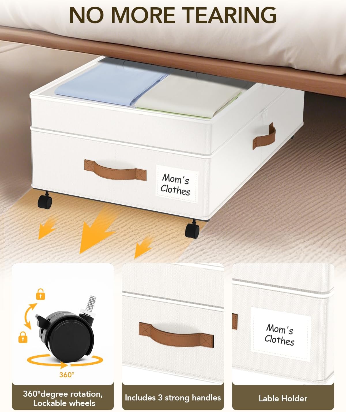 Under Bed Storage with Wheels, 10 inches Under the Bed Storage Containers Large, 65L XXL Adjustable Storage for Underbed with Lids, Rolling for Shoes, Clothes, Blankets, White