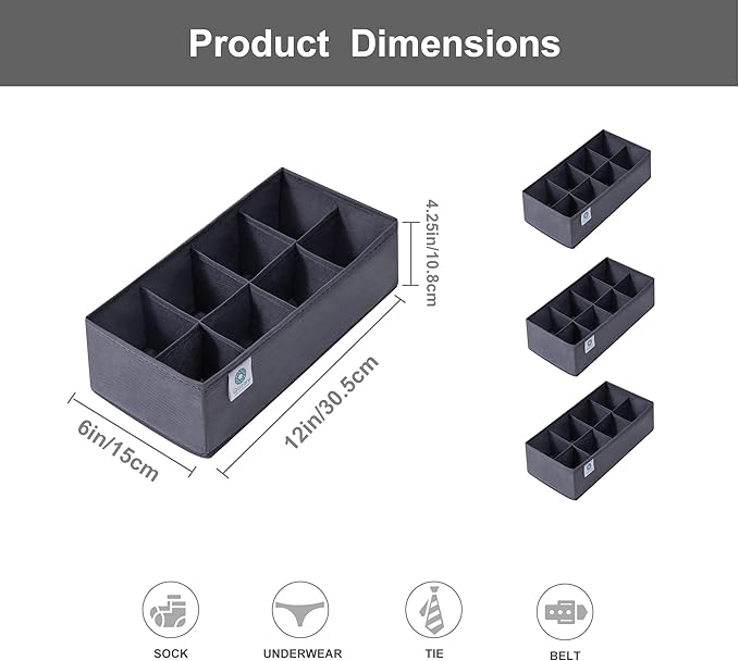 Qozary 3 Pack Sock Underwear Drawer Organizer Dividers, Non-Woven Fabric Collapsible Cabinet Closet Storage Boxes for Clothes, Socks, Lingerie, Underwear, Tie, Belt, Baby, Bedroom (Gray, 8 Cells)