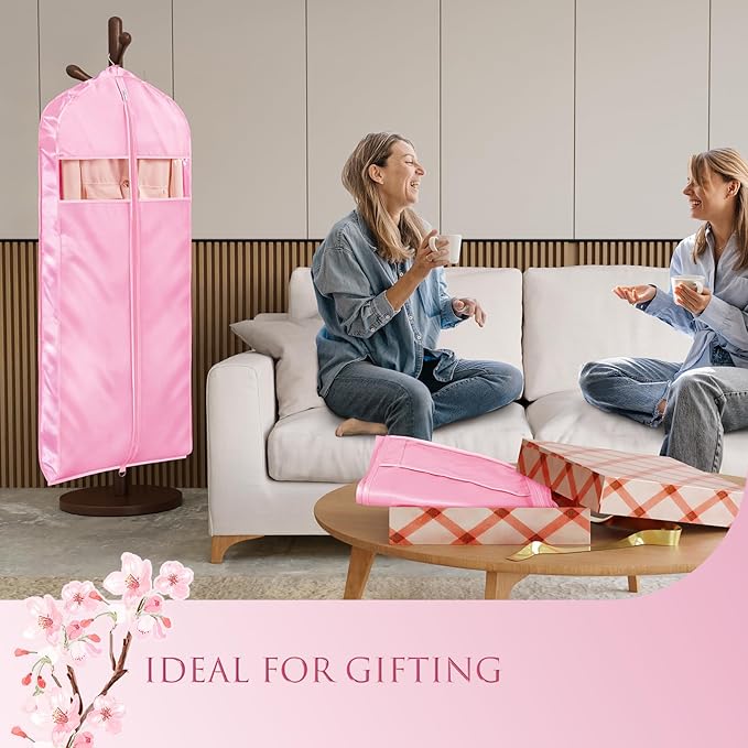 Univivi Super Soft Satin Garment Bags for Hanging Clothes, 60 Inch Zippered Dress Cover with Gussets, Breathable & Non-smell for Dresses, Coats, Jackets, Shirts, 2 Pack - Pink