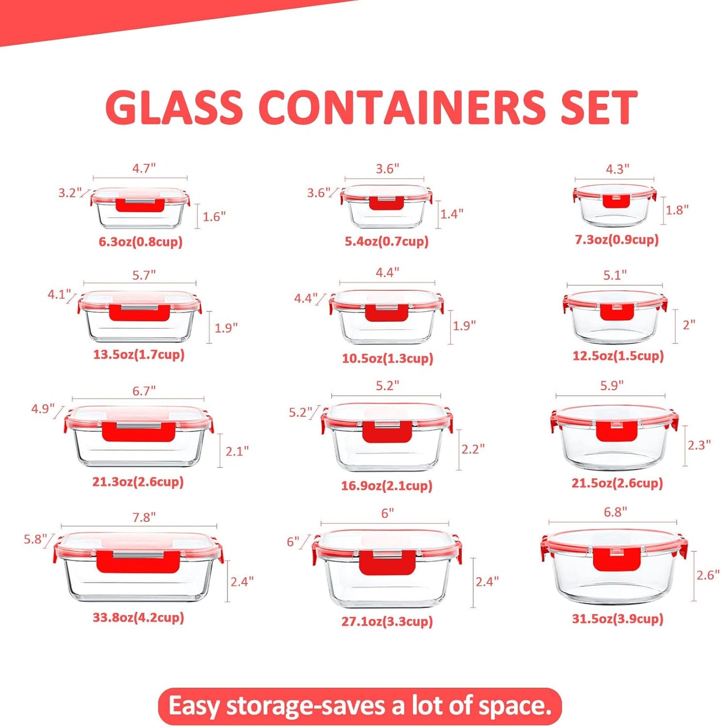 KOMUEE 24 Pieces Glass Food Storage Containers Set, Meal Prep Containers-Stackable Airtight Glass Storage Containers with lids,Freezer, Microwave, Oven Safe,Red