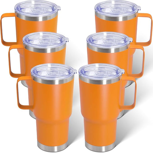 20 oz Tumbler with Handle and Lid, Stainless Steel Tumbler Insulated Travel Coffee Mug, Spill Proof Double Wall Vacuum Tumbler Cup Keep Drink Hot & Cold, Orange, 6 Pack