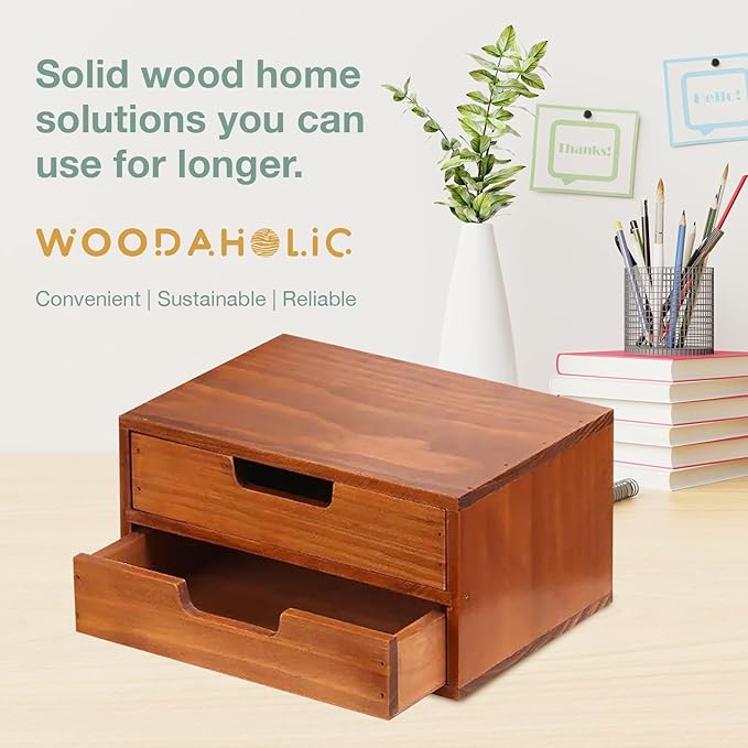 Double Drawer Desktop Storage Organizer in a Modern Wood Design (9.8”x6.9”x 5.1”) 2-Drawer Stackable Drawer Unit - Wood Monitor Riser (1-Pack)