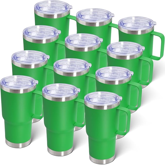 20 oz Tumbler with Handle and Lid, Stainless Steel Tumbler Insulated Travel Coffee Mug, Spill Proof Double Wall Vacuum Tumbler Cup Keep Drink Hot & Cold, Green, 12 Pack