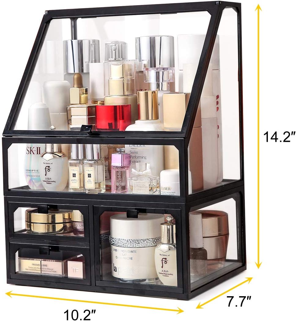 MOOCHI Black Vintage Glass Cosmetic Makeup Organizer 3 Drawers Set Dust Waterproof Cosmetics Storage Display Case Countertop for Brushes Lipsticks Jewelry