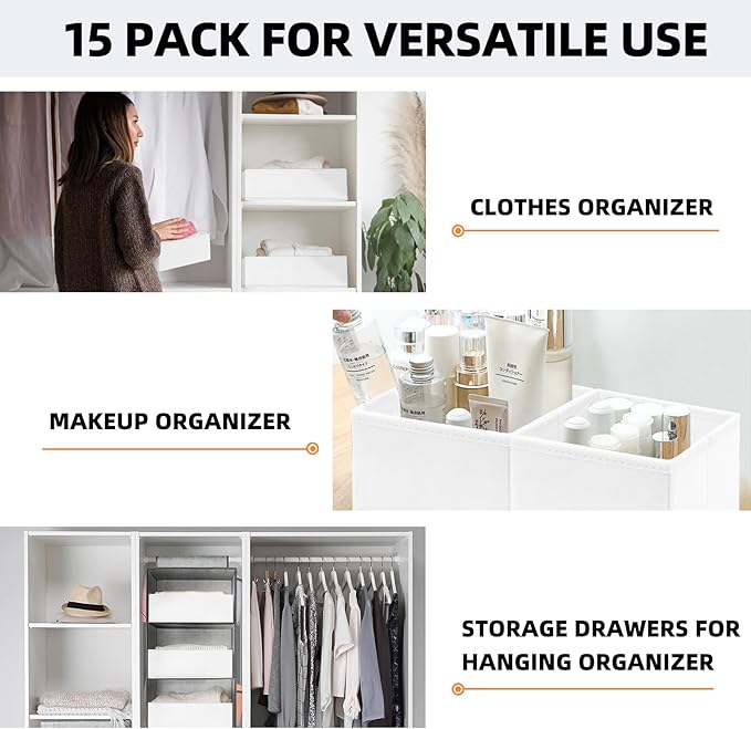 Criusia Closet Drawer Organizer Clothes, 15 Pack White Dresser Organizer for Baby Clothes, Fabric Drawer Dividers for Nursery Bedroom