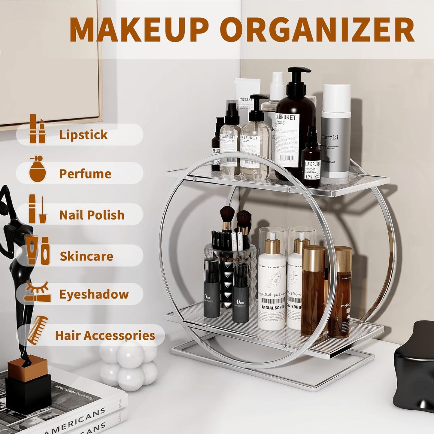Perfume Organizer for Bedroom Dresser- Sliver Makeup Organizers for Vanity, 2 Tier Bathroom Countertop Organizer Perfume Tray Skincare Storage Cosmetic Display Rack, Make Up Counter Shelf