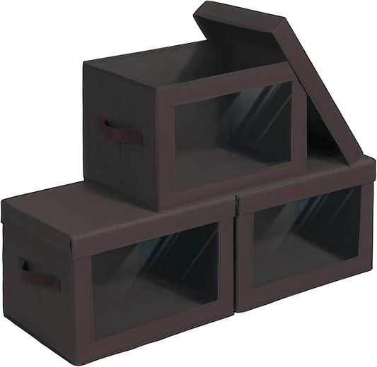 Stackable Storage Bins with Lids - Large Storage Box with Lids, Foldable Closet Boxes for Organizing, Wardrobe Clothes Organizer with Window, Cubes Bins for Living Room, 3 Pack, Brown