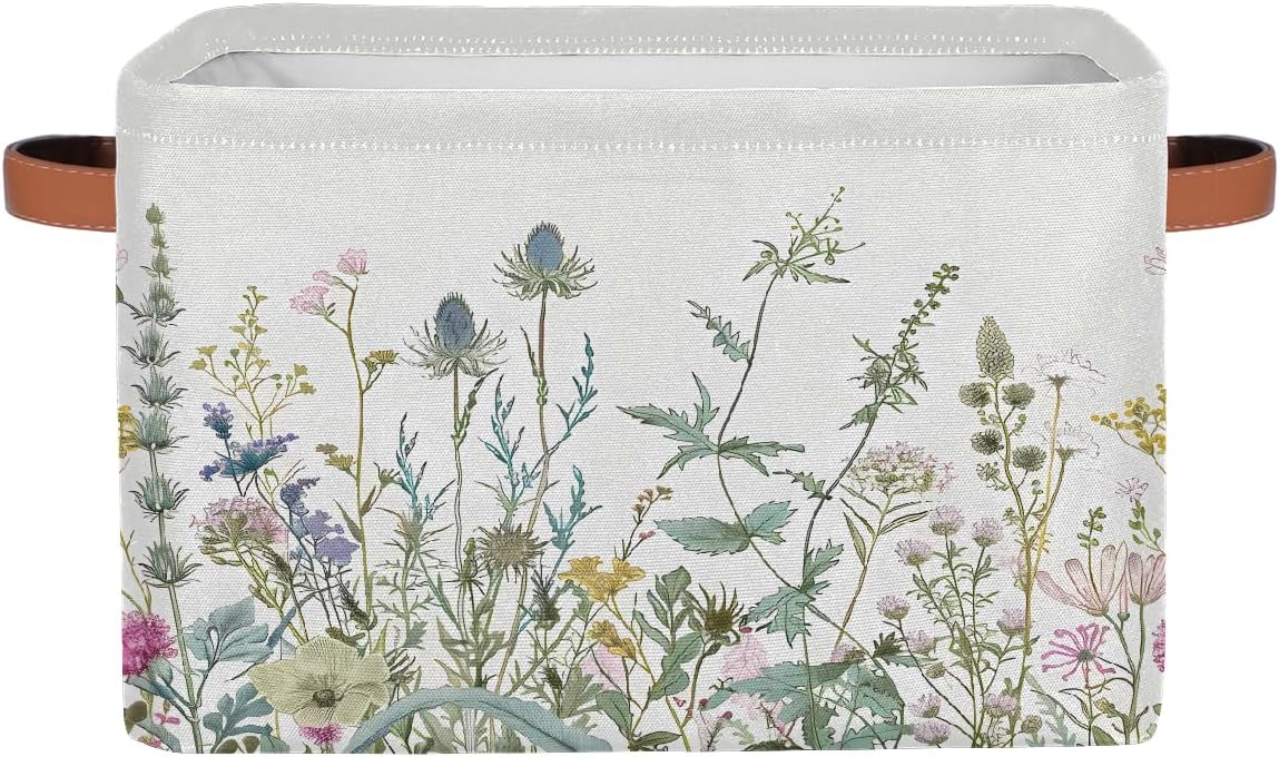 Wildflowers Leaves Storage Basket for Shelves, Storage Bins with Handles, Collapsible Basket for Organizing, Closet Toy Baskets for Nursery Room, 15x11x9.5 in, Canvas, Herbal Wildflower