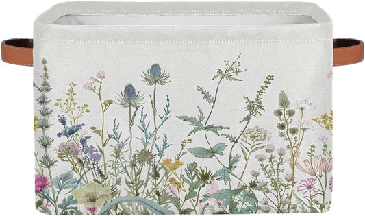 Wildflowers Leaves Storage Basket for Shelves, Storage Bins with Handles, Collapsible Basket for Organizing, Closet Toy Baskets for Nursery Room, 15x11x9.5 in, Canvas, Herbal Wildflower