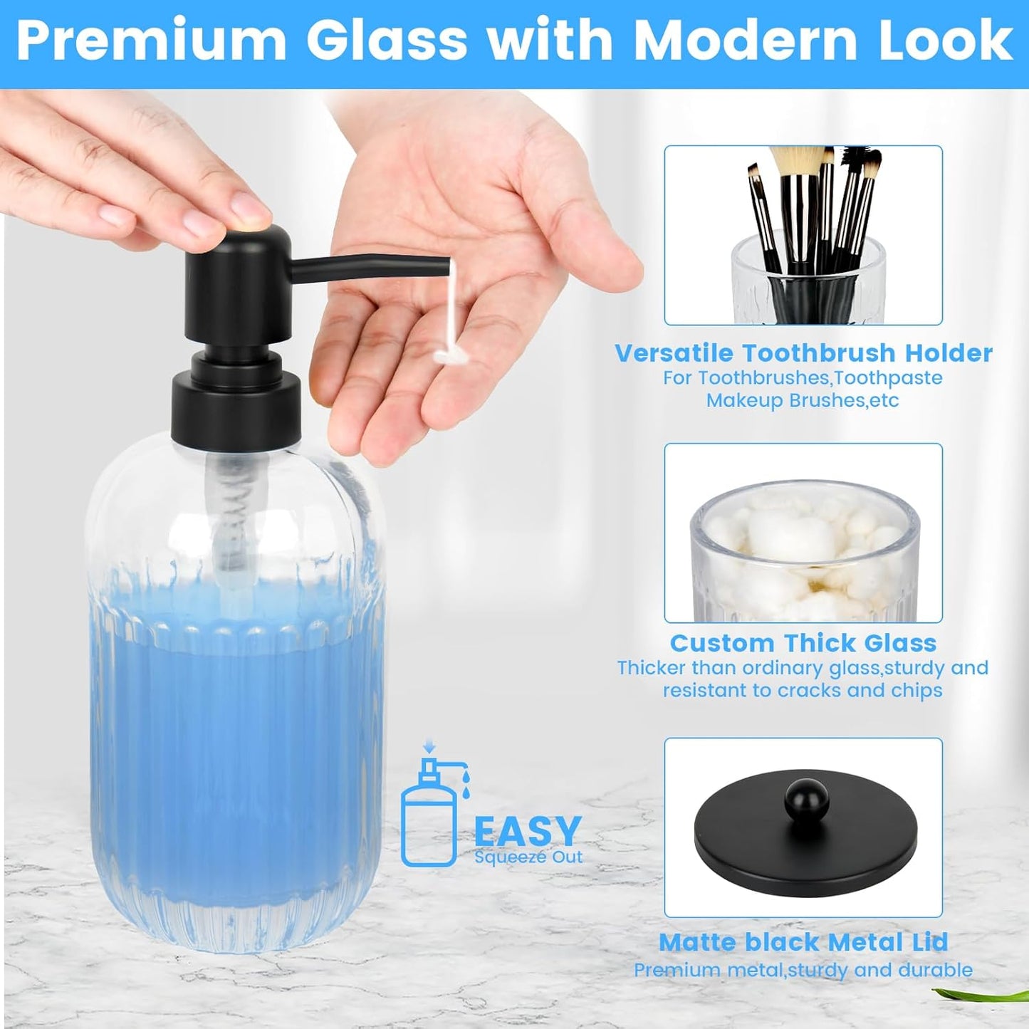 Bathroom Accessories Set,4 Pcs Clear Glass Bathroom Accessories Set with Toothbrush Holder,Lotion Soap Dispenser,2 Qtip Holder Dispensers - Countertop Organizer for Modern Bathroom Decor - Clear