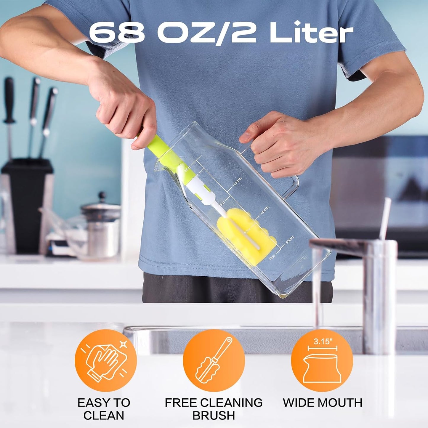 2 Liters/68oz 2 Pack Square Glass Pitcher with Lid and Handle for Fridge Door, Aofmee Borosilicate Glass Heat Resistant Dishwasher Safe Iced Tea Jar, Carafe with Scale Line for Hot/Cold Beverage