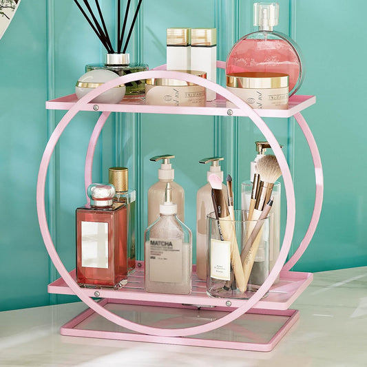Pink Perfume Organizer for Dresser, Elegant Round Makeup Organizer Countertop, 2-Tier Bathroom Counter Organizers, Large-Capacity Metal Skincare Display Stand for Vanity Storage Bathroom Shelf