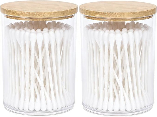 AXX Qtip Dispenser Apothecary Jars Bathroom - Qtip Holder Storage Canister Clear Plastic Jar for Cotton Swab,Q-Tips,Cotton Rounds (H#Bamboo 2Pcs)