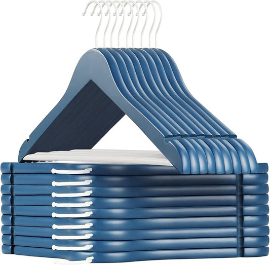 TOPIA HANGER Premium Wooden Hangers with Non-Slip Pant Bar, 360°Swivel Hook and Shoulder Notches, 16 Pack Solid Wood Clothes Hangers for Suit, Coat, Jacket, Camisole(Blue/White)-CT35BW1