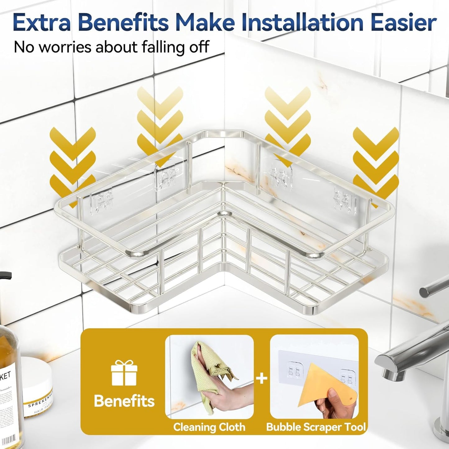 YASONIC Corner Shower Caddy Organizer, 3-Pack Self-Adhesive Rustproof Bath Shelves with Soap Holder & 4 Hooks, Large Capacity Shower Storage Rack for Bathroom Organization, Silver