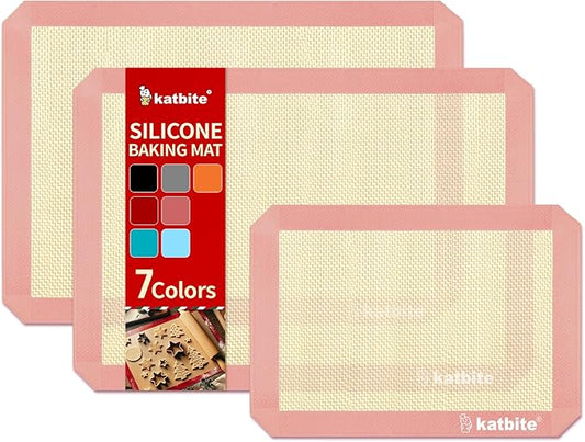 Katbite Silicone Baking Mat Colorful Collection - Set of 3: 2 Half Sheets Mats (11 5/8" x 16 1/2") + 1 Quarter Baking Sheet, Reusable & Nonstick Bakeware Mats for Cookies, Macarons, Bread (Pink)