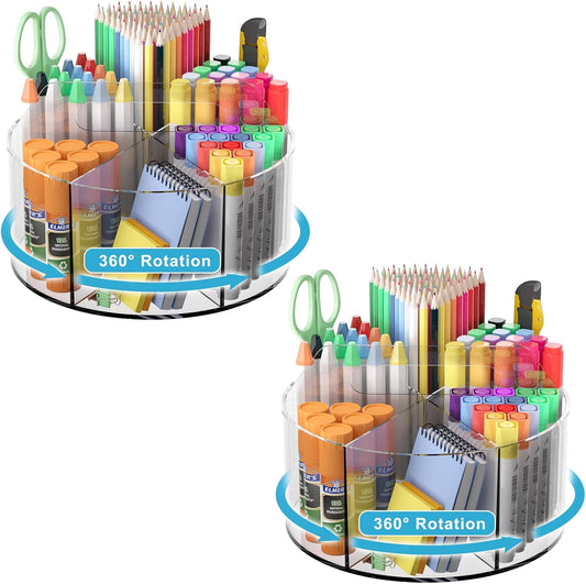 Acrylic Desk Organizer Clear Pen Holder 2 Packs, 360 Degree Pencil Holder for Desk Kids, Rotating Lazy Susan Organizer for School Supplies, Marker Holder Art Supply Storage Organizer with Dividers