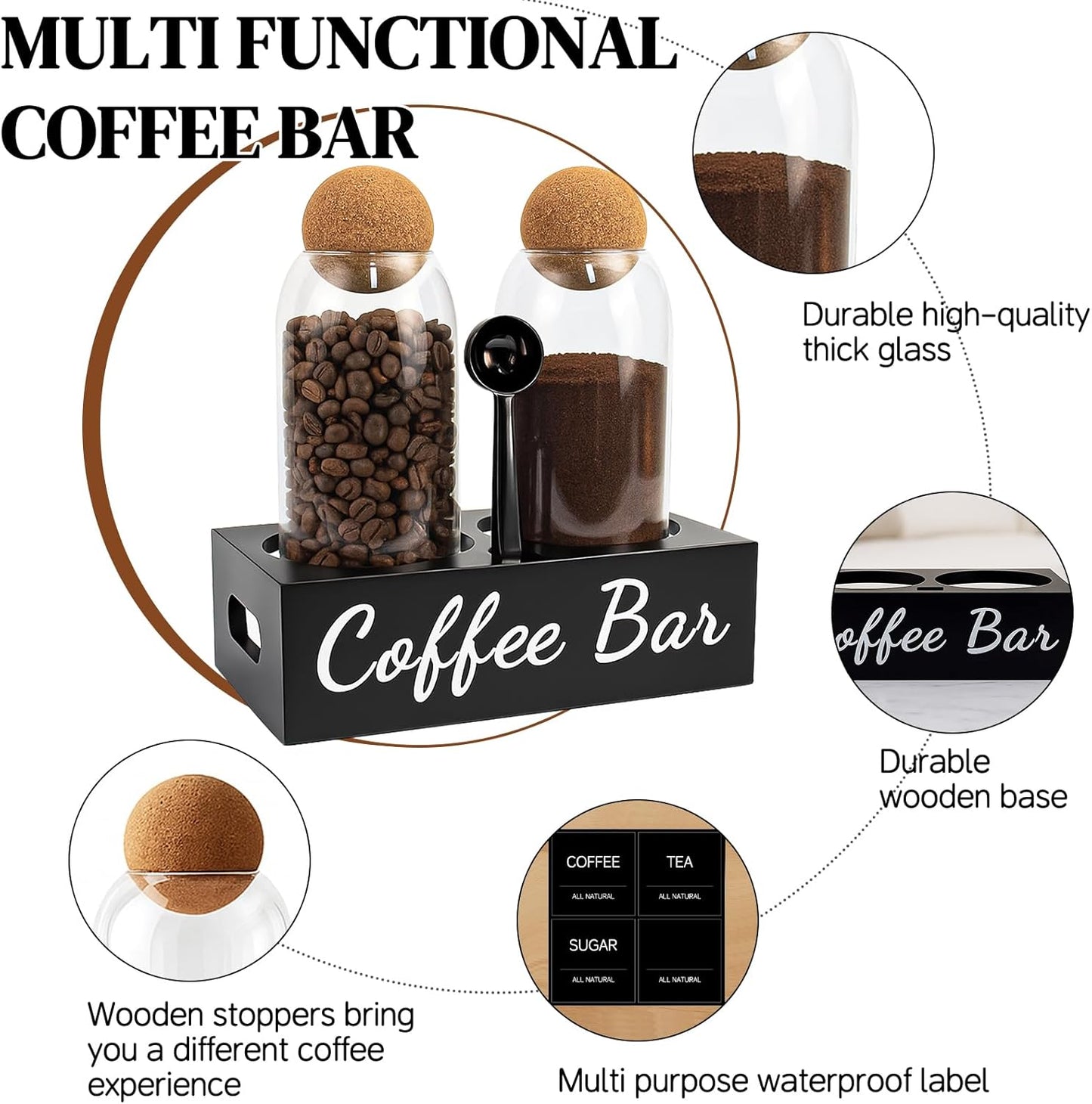 Coffee Container Set of 2 – 34oz Airtight Glass Coffee Bean Storage Jars with Wooden Lids, Metal Scoop & Wooden Base, Coffee Bar Organizer for Countertop, Tea & Sugar Canisters with Labels