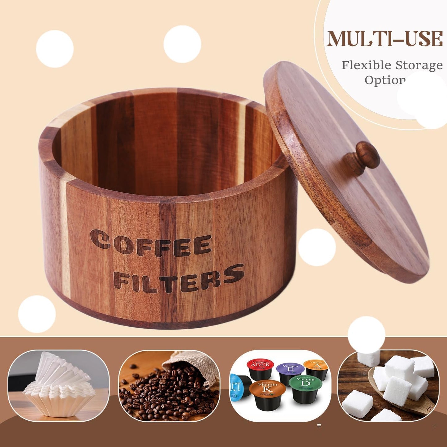 Natural Acacia Wood Coffee Filter Holder with Lid, Multi-Use Countertop Organizer for Coffee Filters, Pods, Beans - Rustic Kitchen Decor