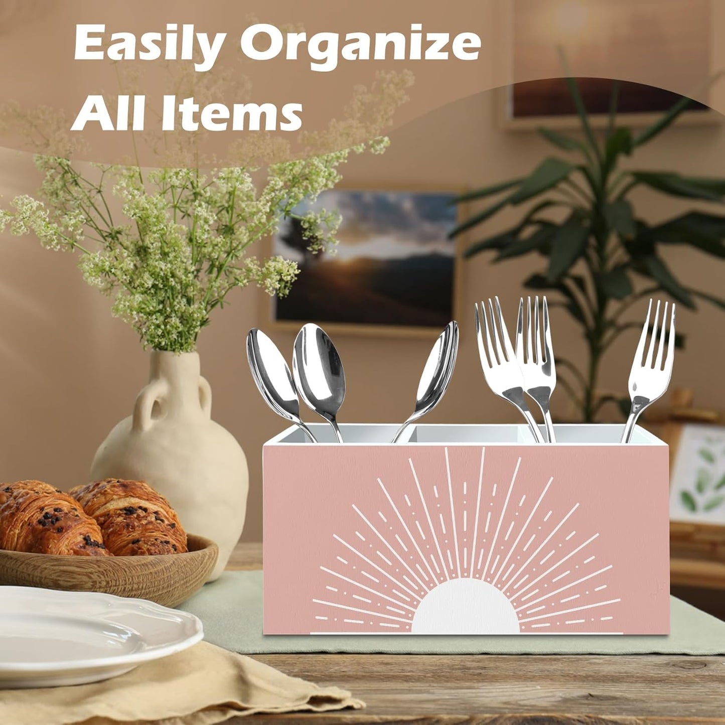 DILSJ Pink Boho Abstract Sunshine Pen Pencil Holder Organizer for Desk, Boho Office Decor, Pink Mid Century Modern Minimalist Sun Sunshine Wooden Box Signs for Home Office Desk Tabletop Decoration