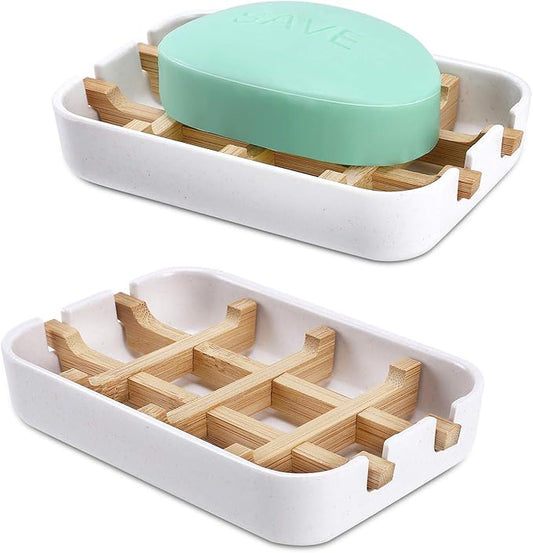 Bamboo Wooden Soap Dishes for Bathroom Bar Soap Holder Shower Soap Holder Sink Deck Bathtub Shower Tray (One Pieces White)