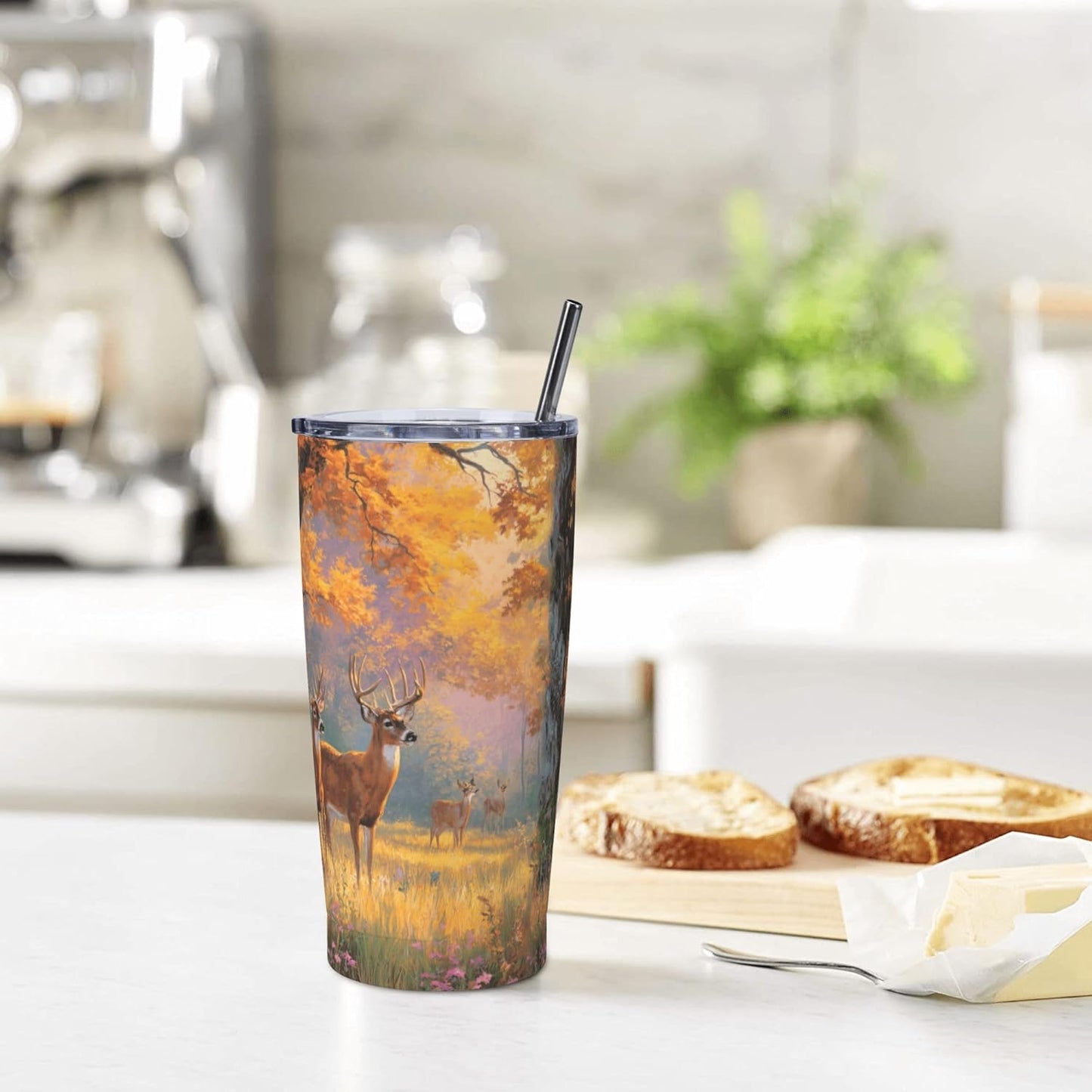 Deer Tumbler with Lid and Straw 20oz Insulated Reusable Stainless Steel Travel Mug Double Wall Vacuum Coffee Cup for Hot Cold Drinks Leak-Proof Portable Cups for Women Men Gifts